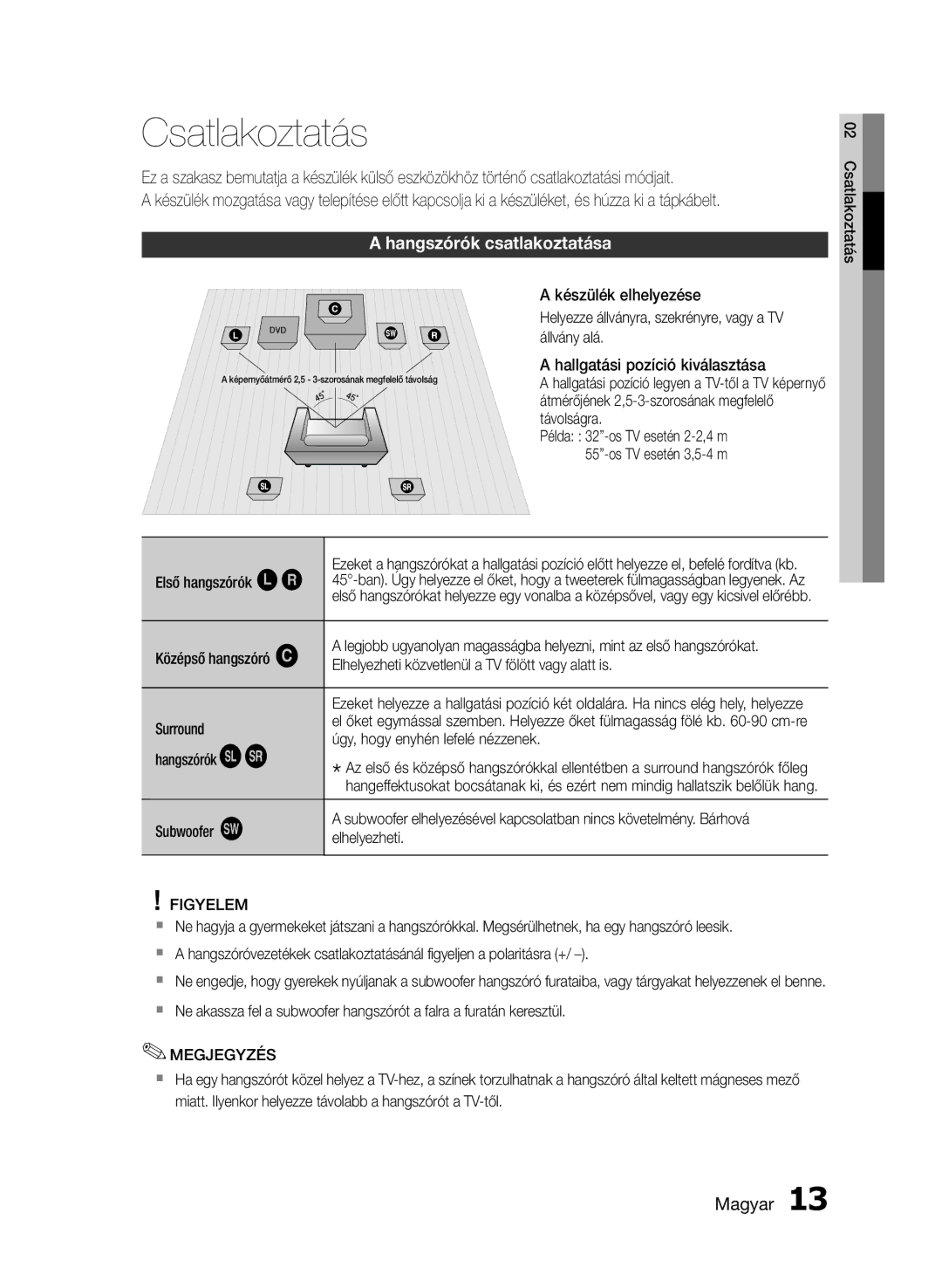 Samsung HT-E355/EN, HT-E350/EN manual Csatlakoztatás, Hangszórók csatlakoztatása, Figyelem 