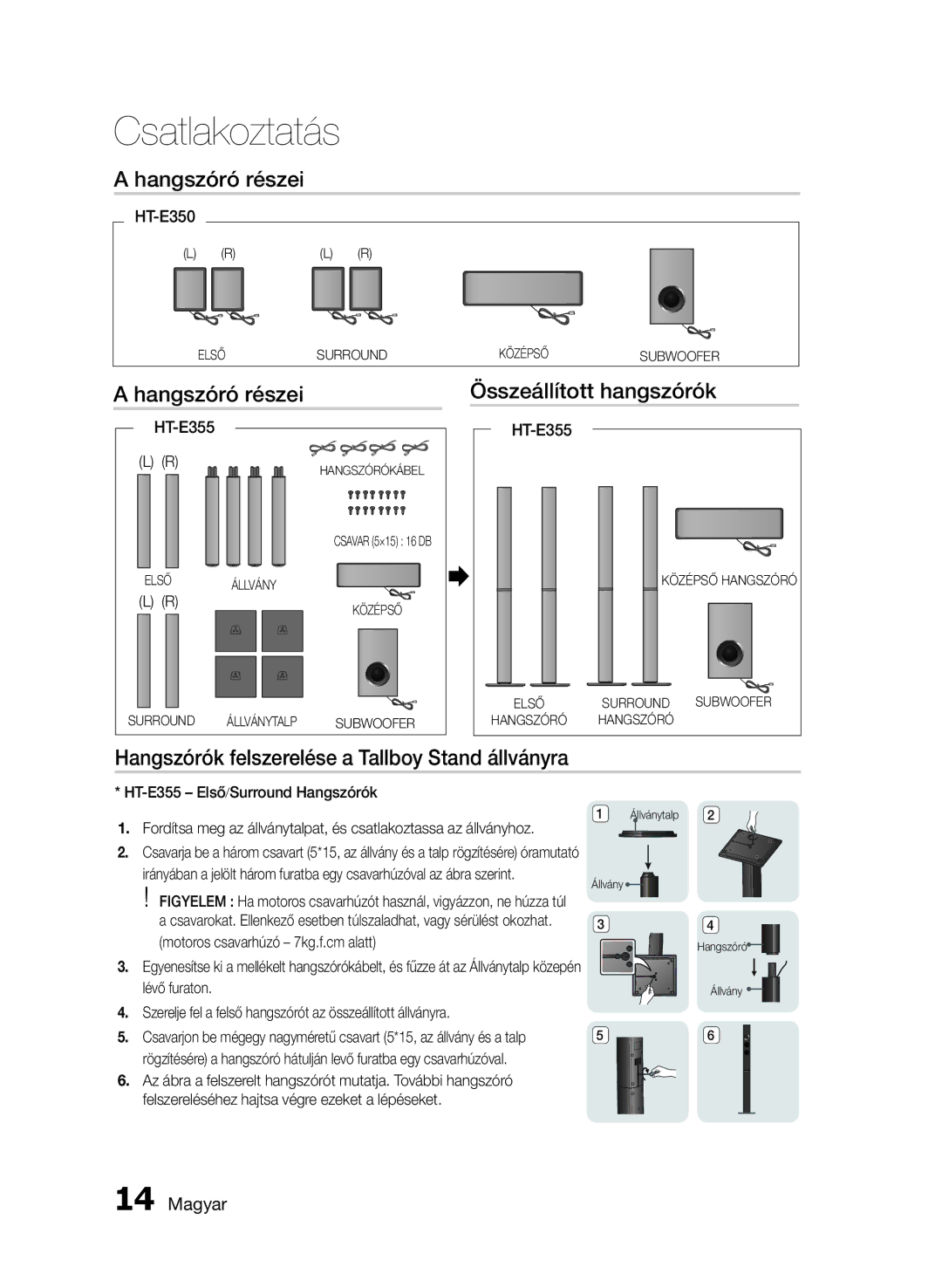 Samsung HT-E350/EN manual Hangszóró részei Összeállított hangszórók, Hangszórók felszerelése a Tallboy Stand állványra 