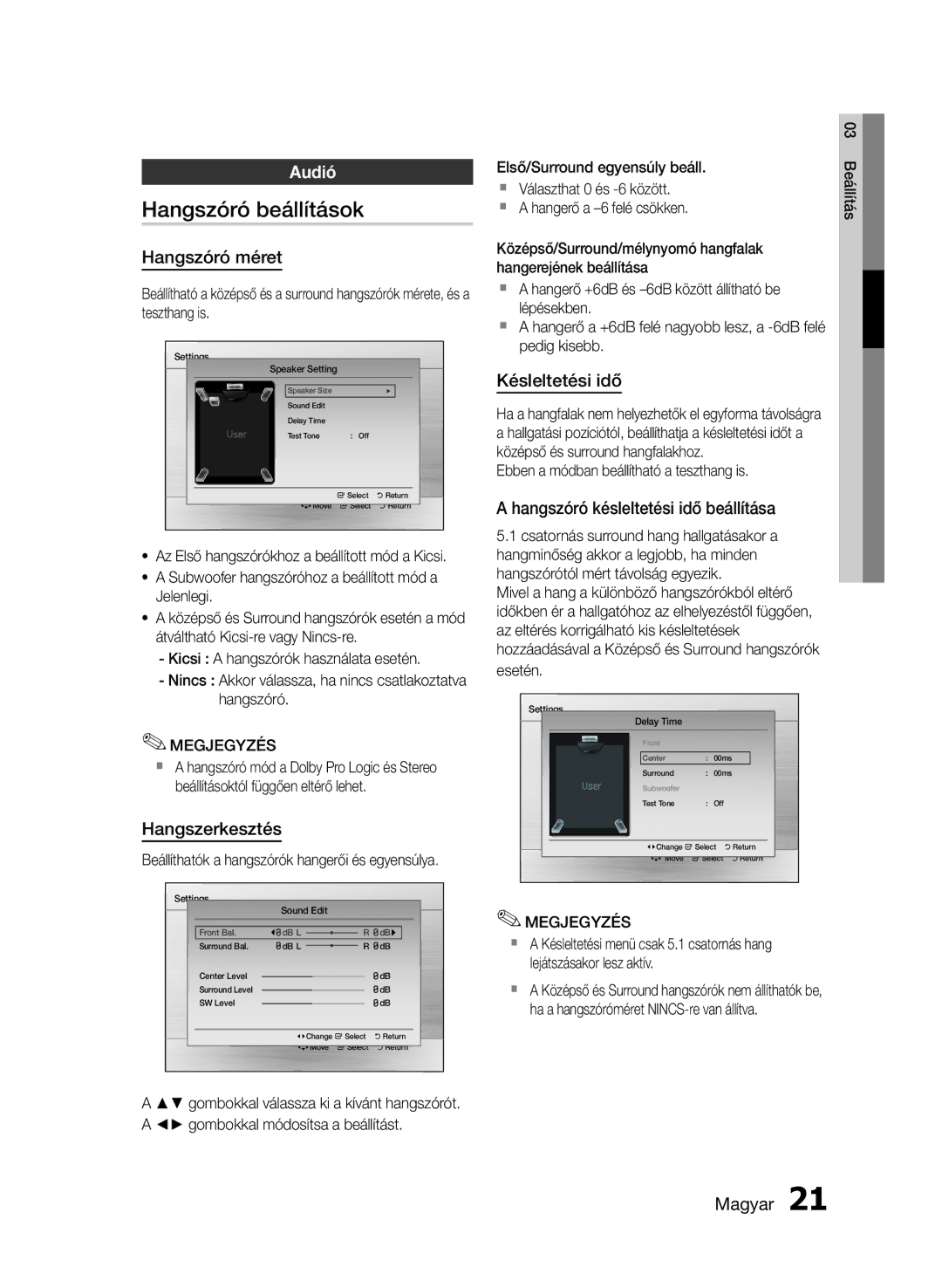 Samsung HT-E355/EN, HT-E350/EN manual Hangszóró beállítások, Audió 