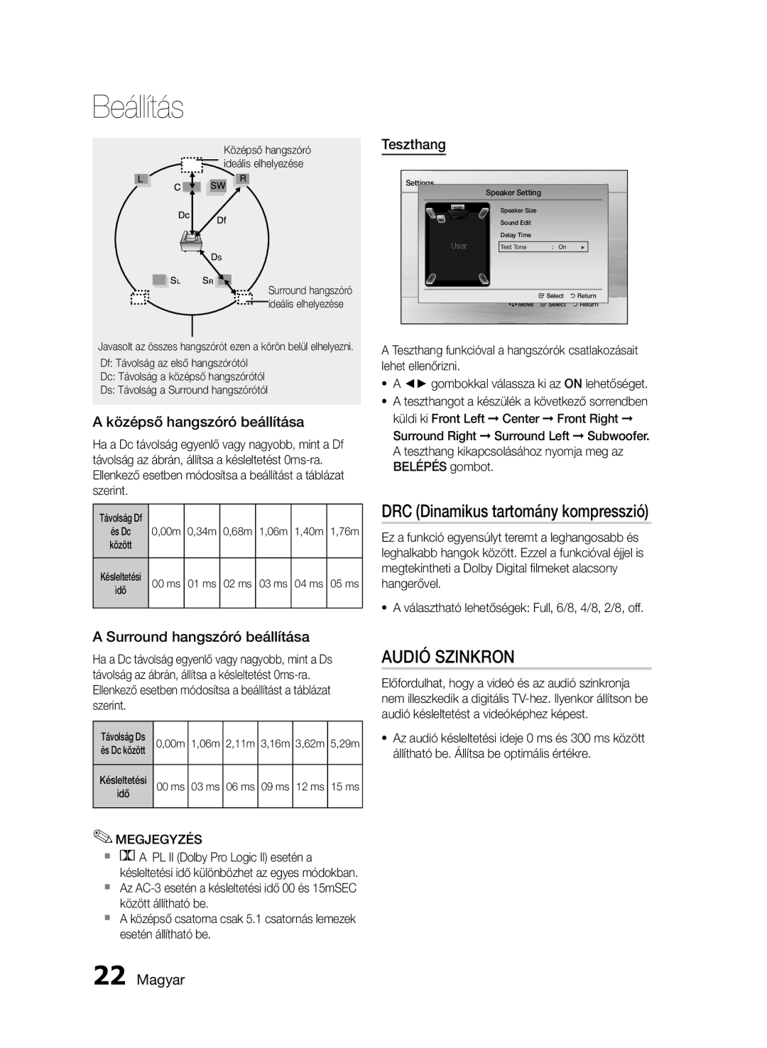 Samsung HT-E350/EN manual DRC Dinamikus tartomány kompresszió, Audió Szinkron, Középső hangszóró beállítása, Teszthang 