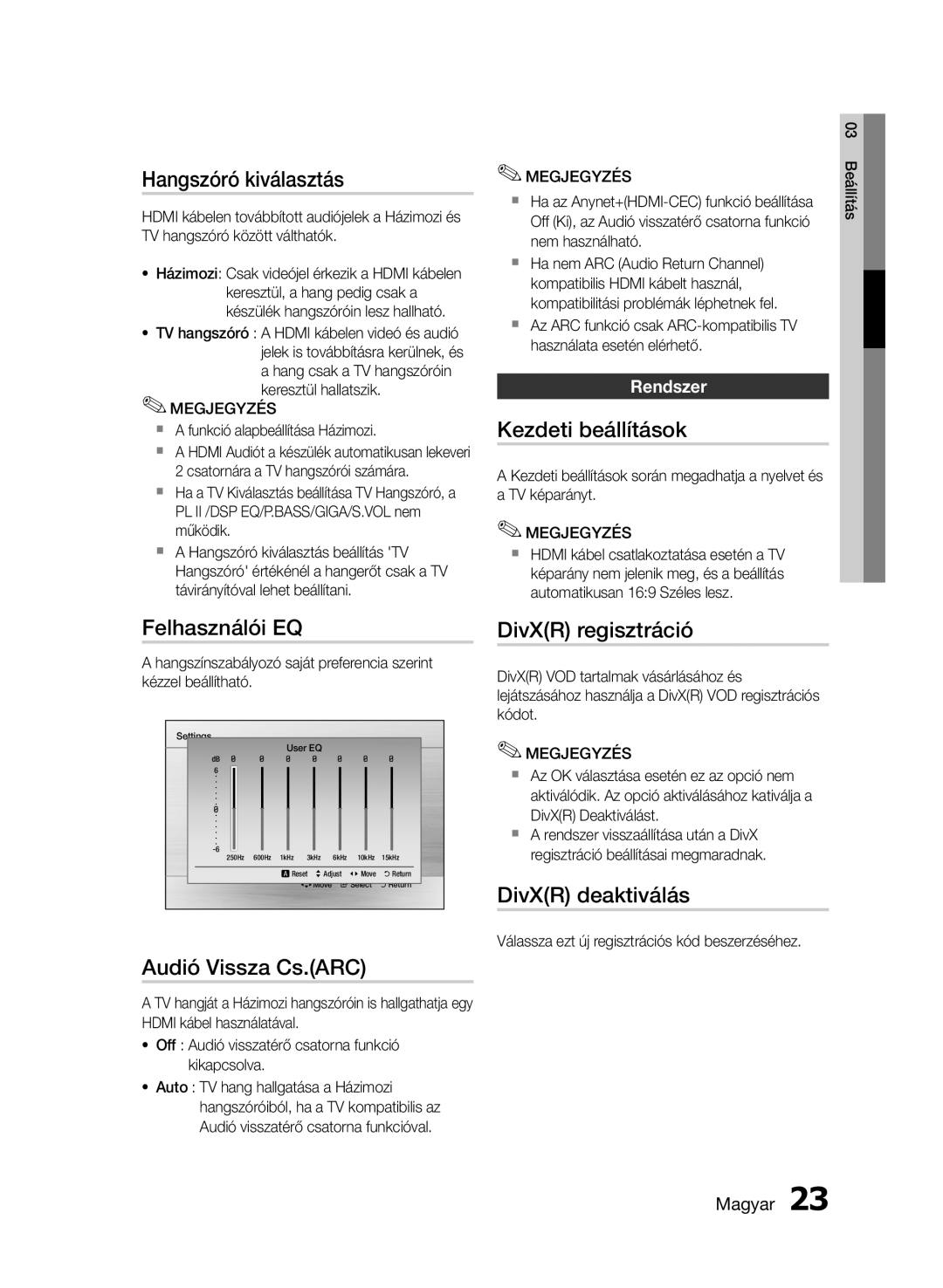 Samsung HT-E355/EN Hangszóró kiválasztás, Kezdeti beállítások, Felhasználói EQ, DivXR regisztráció, DivXR deaktiválás 