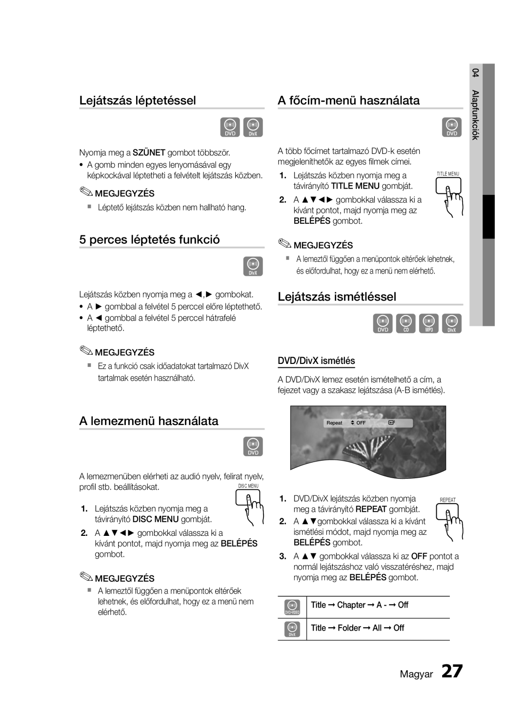 Samsung HT-E355/EN, HT-E350/EN Lejátszás léptetéssel, Perces léptetés funkció, Lemezmenü használata, Főcím-menü használata 