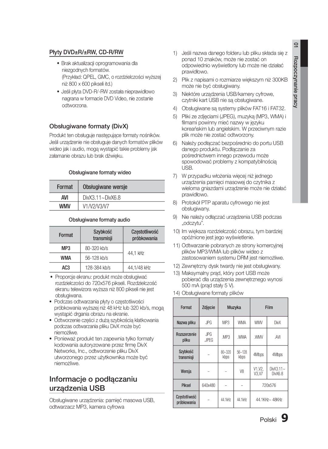 Samsung HT-E350/EN Informacje o podłączaniu urządzenia USB, Płyty DVD±R/±RW, CD-R/RW, Obsługiwane formaty DivX, Format 