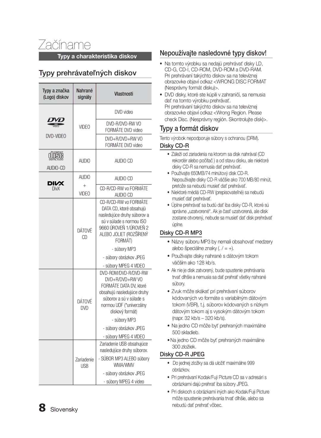 Samsung HT-E355/EN, HT-E350/EN manual Typy prehrávateľných diskov, Nepoužívajte nasledovné typy diskov, Typy a formát diskov 