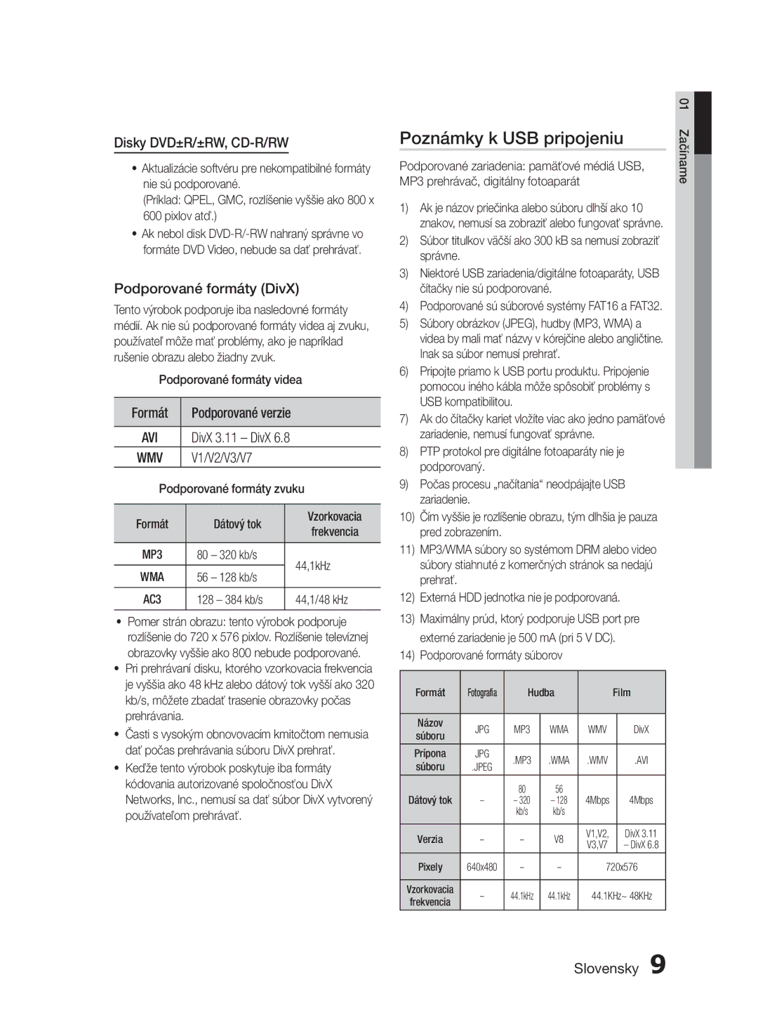 Samsung HT-E350/EN, HT-E355/EN manual Poznámky k USB pripojeniu, Disky DVD±R/±RW, CD-R/RW, Podporované formáty DivX, Formát 