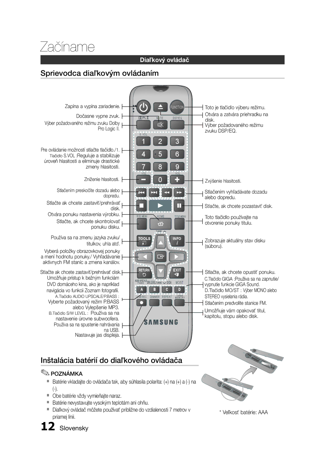 Samsung HT-E355/EN, HT-E350/EN Sprievodca diaľkovým ovládaním, Inštalácia batérií do diaľkového ovládača, Diaľkový ovládač 