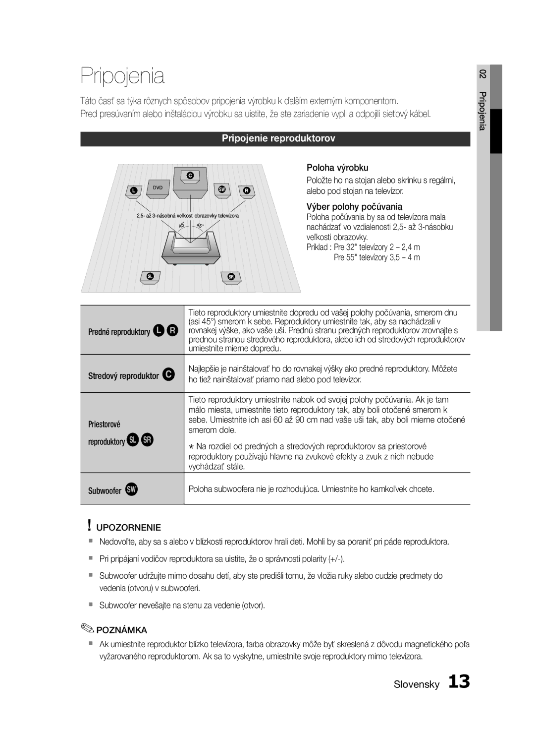 Samsung HT-E350/EN, HT-E355/EN manual Pripojenia, Pripojenie reproduktorov, Upozornenie 