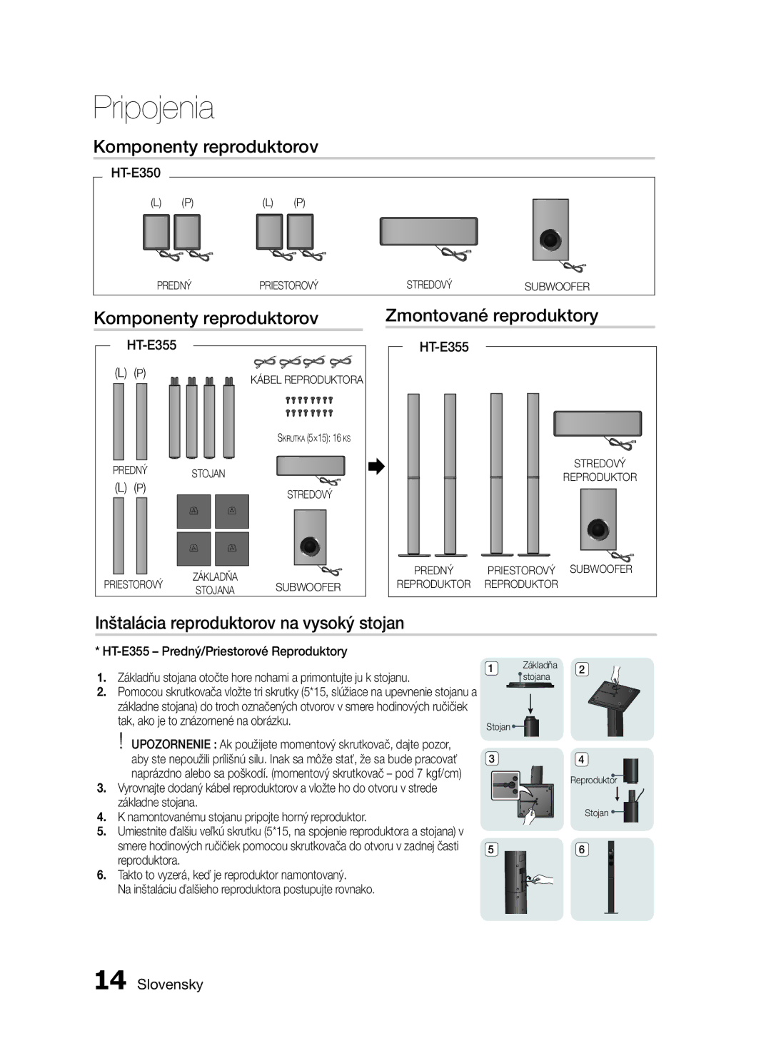 Samsung HT-E355/EN manual Komponenty reproduktorov Zmontované reproduktory, Inštalácia reproduktorov na vysoký stojan 