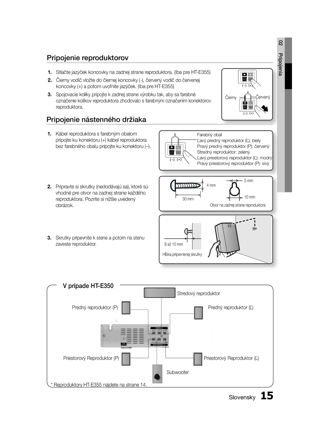 Samsung HT-E350/EN, HT-E355/EN manual Pripojenie reproduktorov, Pripojenie nástenného držiaka, Prípade HT-E350 