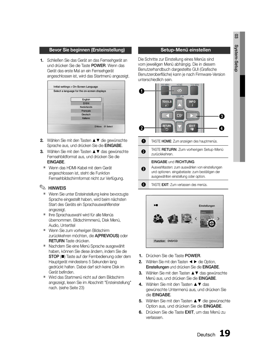 Samsung HT-E350/TK, HT-E355/EN, HT-E350/XN, HT-E355/TK Bevor Sie beginnen Ersteinstellung, Setup-Menü einstellen, Eingabe 