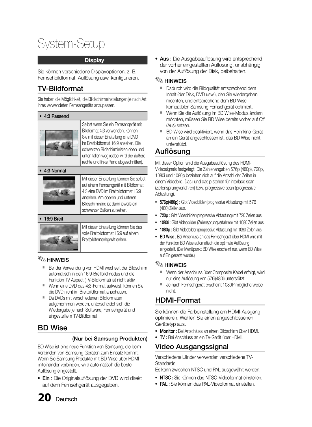 Samsung HT-E355/TK, HT-E355/EN, HT-E350/XN manual System-Setup, TV-Bildformat, Auflösung, HDMI-Format, Video Ausgangssignal 