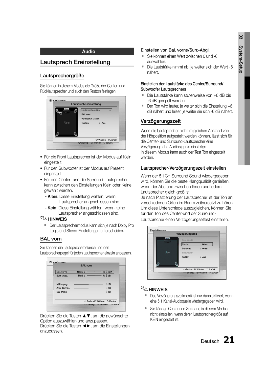 Samsung HT-E350/EN, HT-E355/EN, HT-E350/XN manual Lautsprech Ereinstellung, Lautsprechergröße, BAL vorn, Verzögerungszeit 