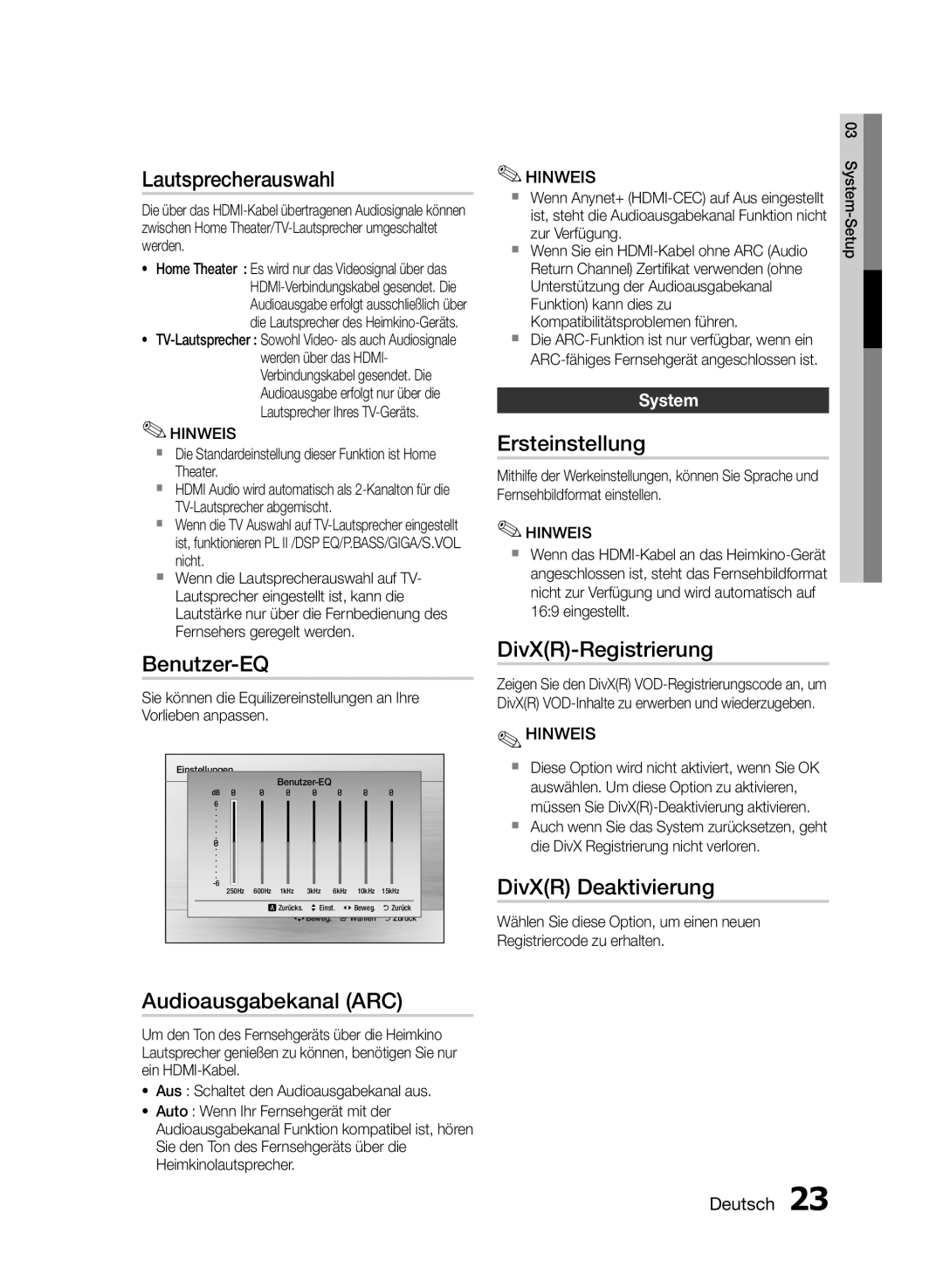 Samsung HT-E355/ZF, HT-E355/EN Lautsprecherauswahl, Benutzer-EQ, Ersteinstellung, DivXR-Registrierung, DivXR Deaktivierung 