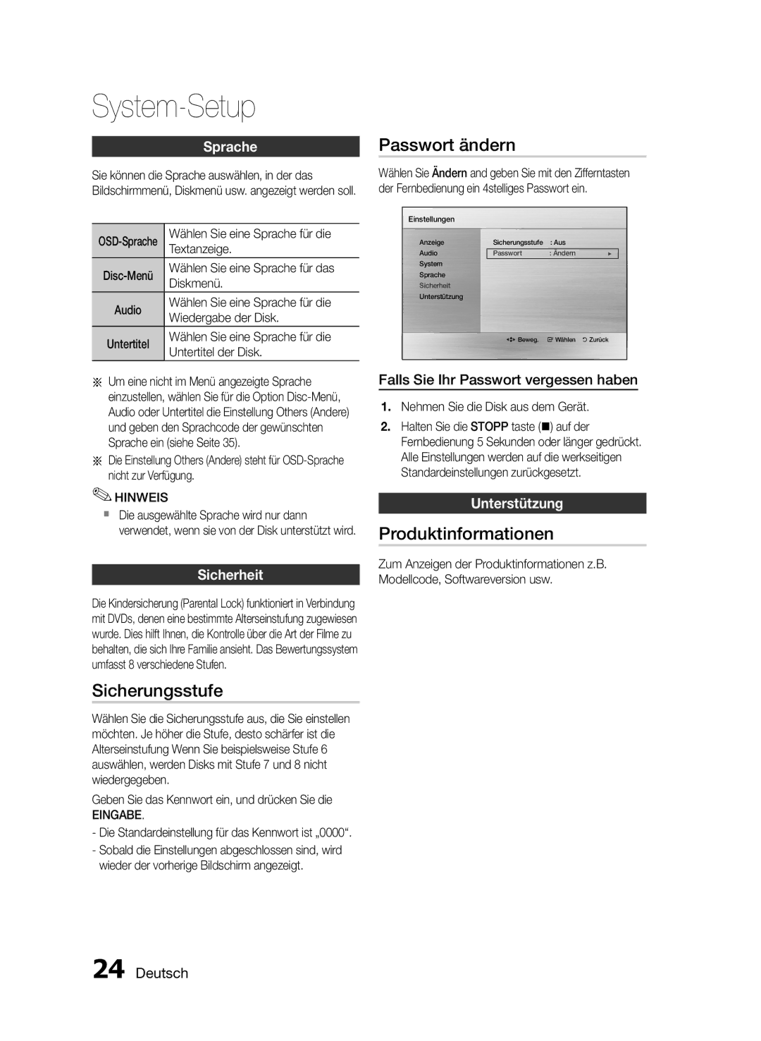 Samsung HT-E350K/ZN, HT-E355/EN, HT-E350/XN, HT-E350/TK, HT-E355/TK Sicherungsstufe, Passwort ändern, Produktinformationen 