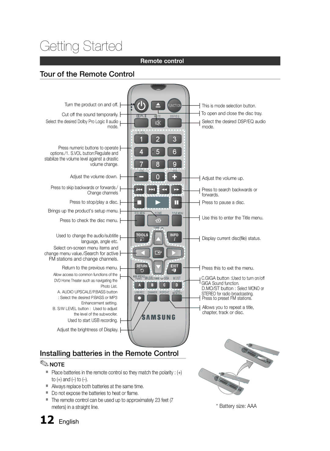 Samsung HT-E350/XN, HT-E355/EN manual Tour of the Remote Control, Installing batteries in the Remote Control, Remote control 