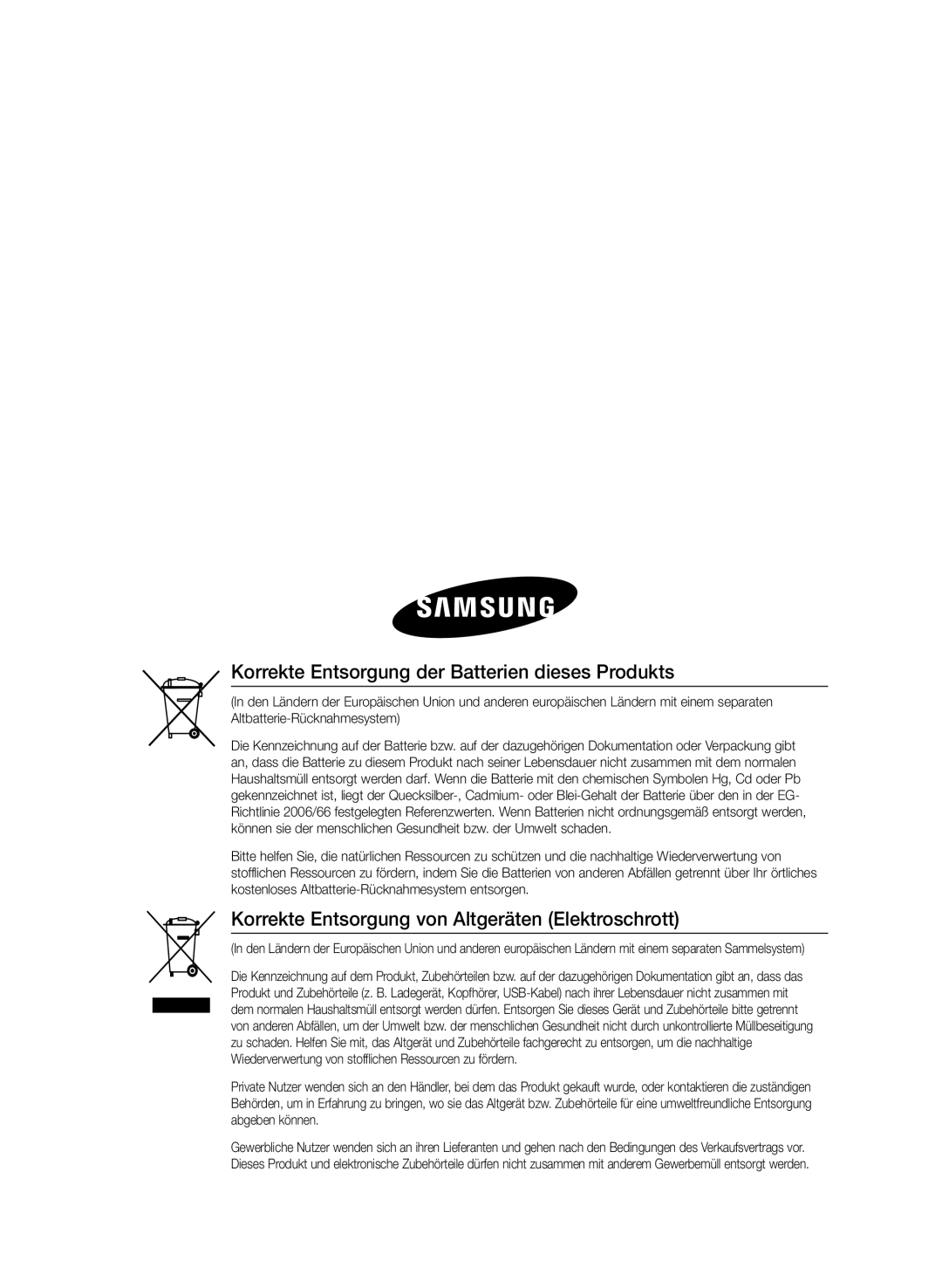 Samsung HT-E350/TK Korrekte Entsorgung der Batterien dieses Produkts, Korrekte Entsorgung von Altgeräten Elektroschrott 