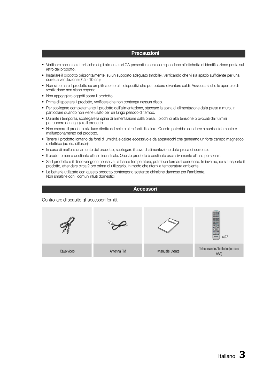 Samsung HT-E350/ZF, HT-E355/EN, HT-E350/XN, HT-E350/TK Precauzioni, Accessori, Controllare di seguito gli accessori forniti 