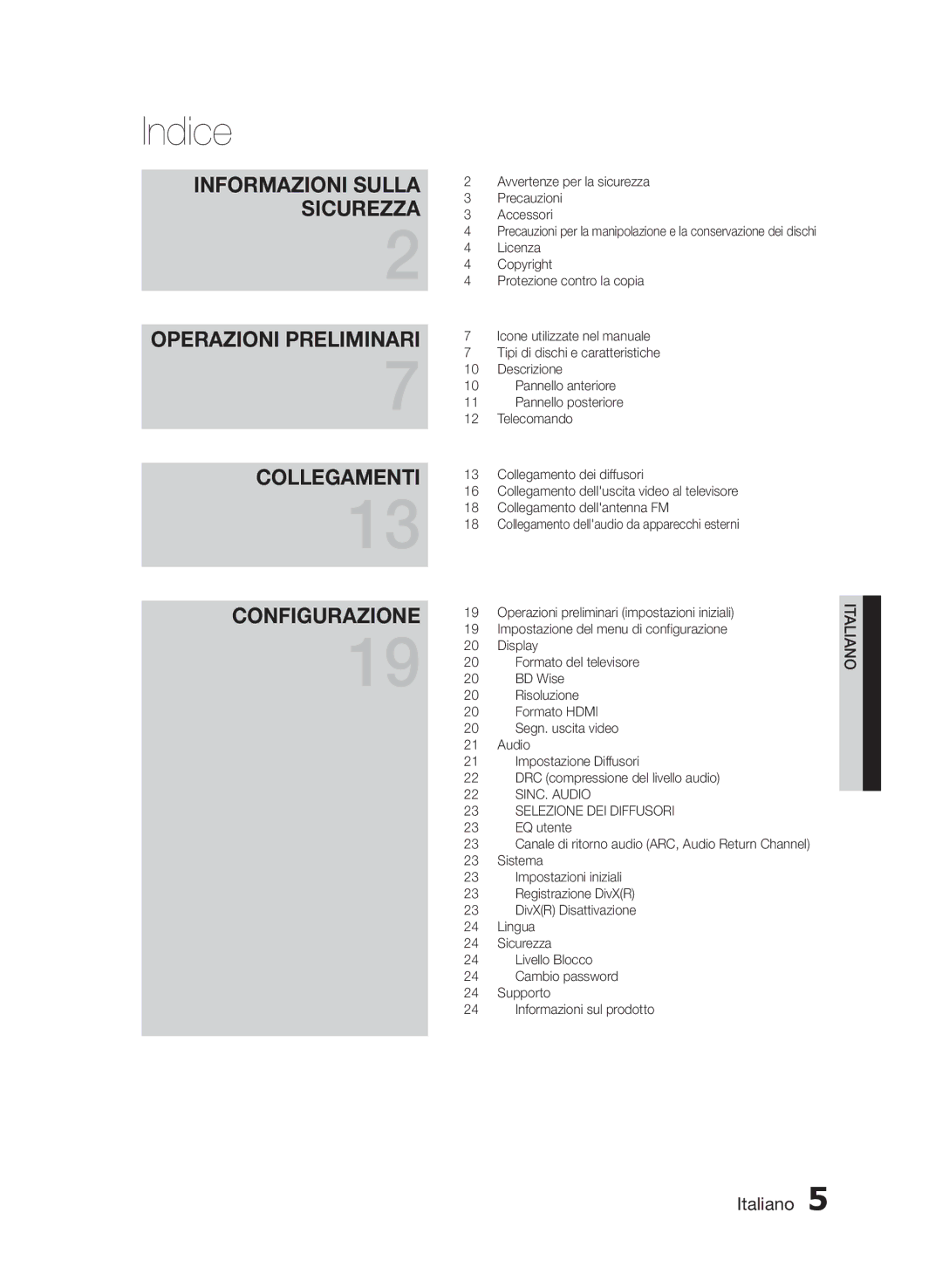 Samsung HT-E350K/ZN, HT-E355/EN, HT-E350/XN, HT-E350/TK Indice, Avvertenze per la sicurezza Precauzioni Accessori, Licenza 