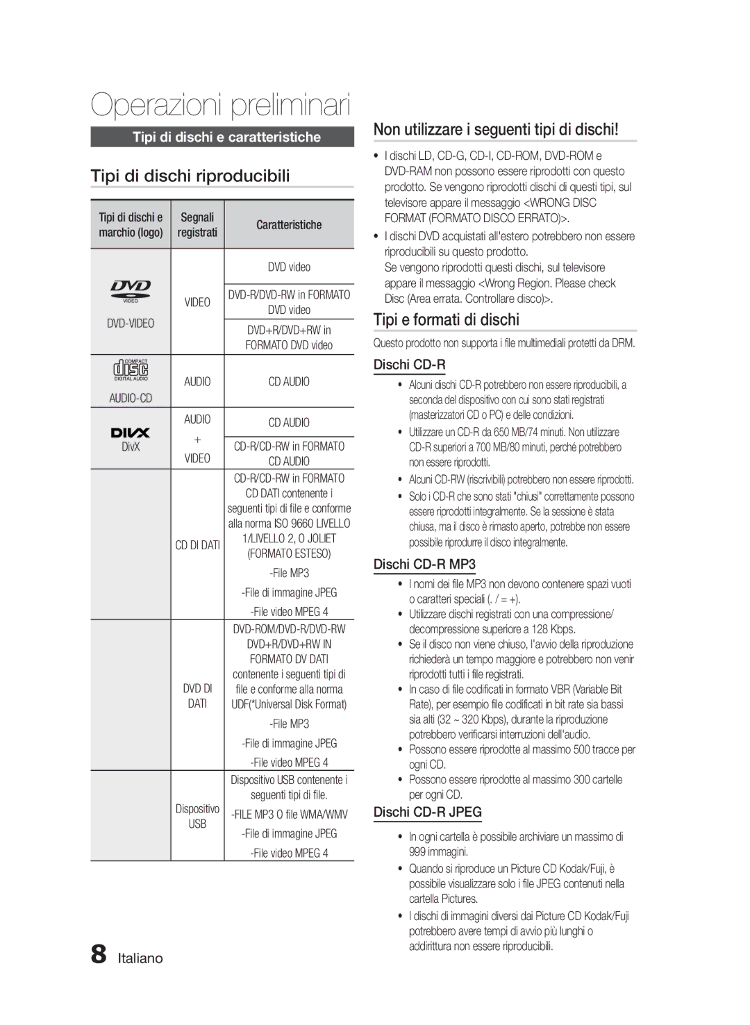 Samsung HT-E350K/SQ manual Tipi di dischi riproducibili, Non utilizzare i seguenti tipi di dischi, Tipi e formati di dischi 