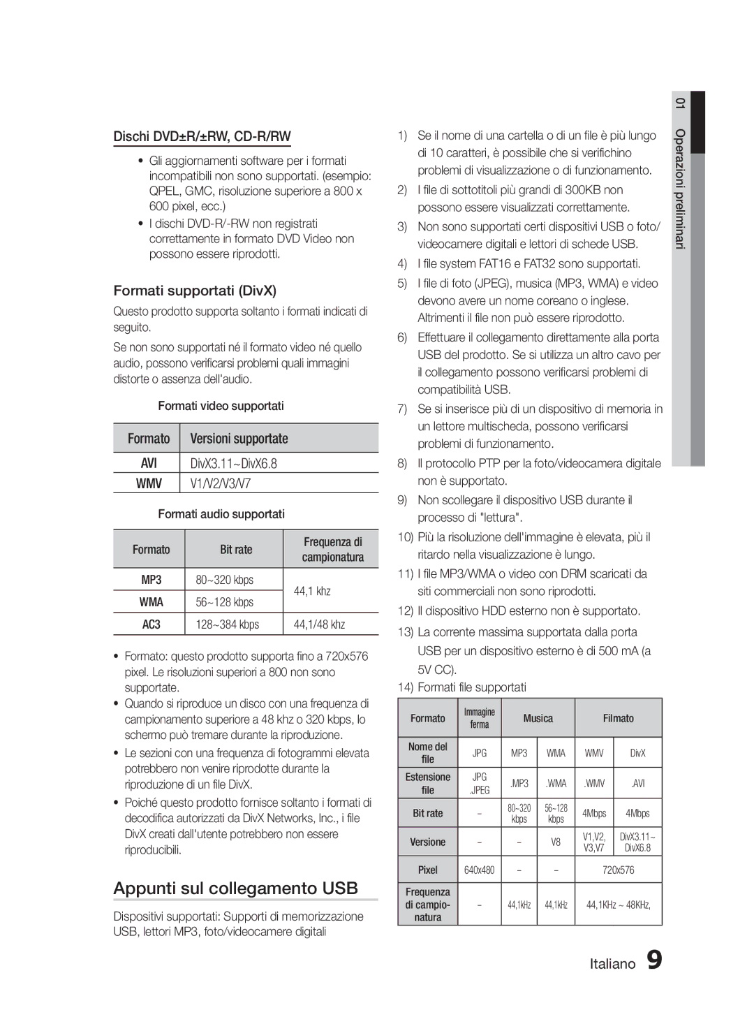 Samsung HT-E355/EN, HT-E350/XN, HT-E350/TK Appunti sul collegamento USB, Dischi DVD±R/±RW, CD-R/RW, Formati supportati DivX 