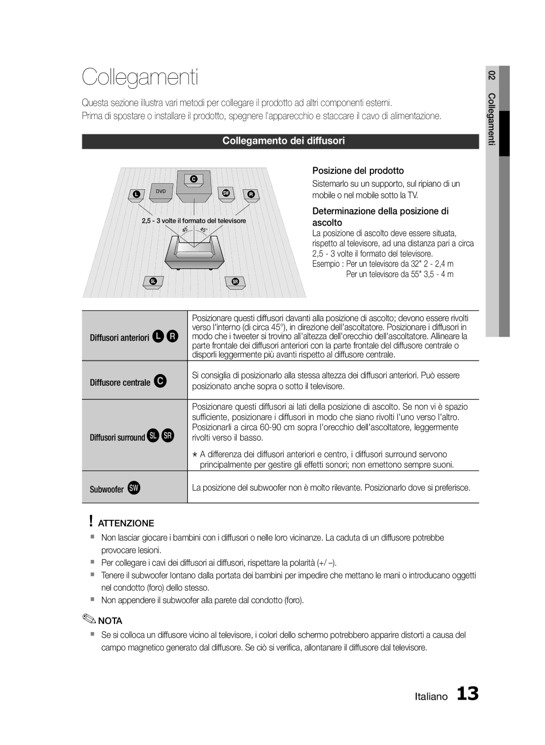 Samsung HT-E350/EN, HT-E355/EN, HT-E350/XN, HT-E350/TK, HT-E355/TK manual Collegamenti, Collegamento dei diffusori, Attenzione 