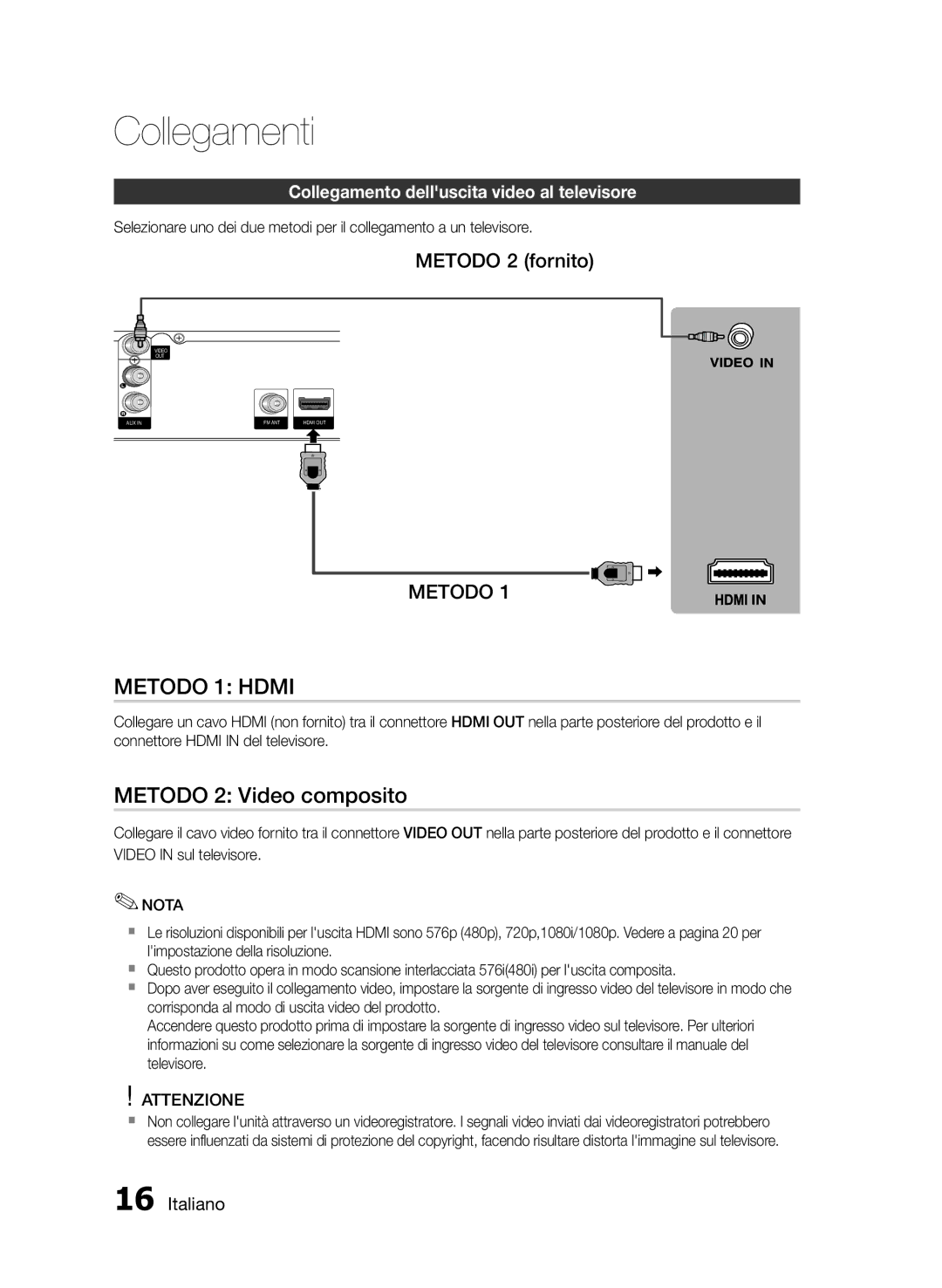 Samsung HT-E350K/ZN Metodo 1 Hdmi, Metodo 2 Video composito, Metodo 2 fornito, Collegamento delluscita video al televisore 