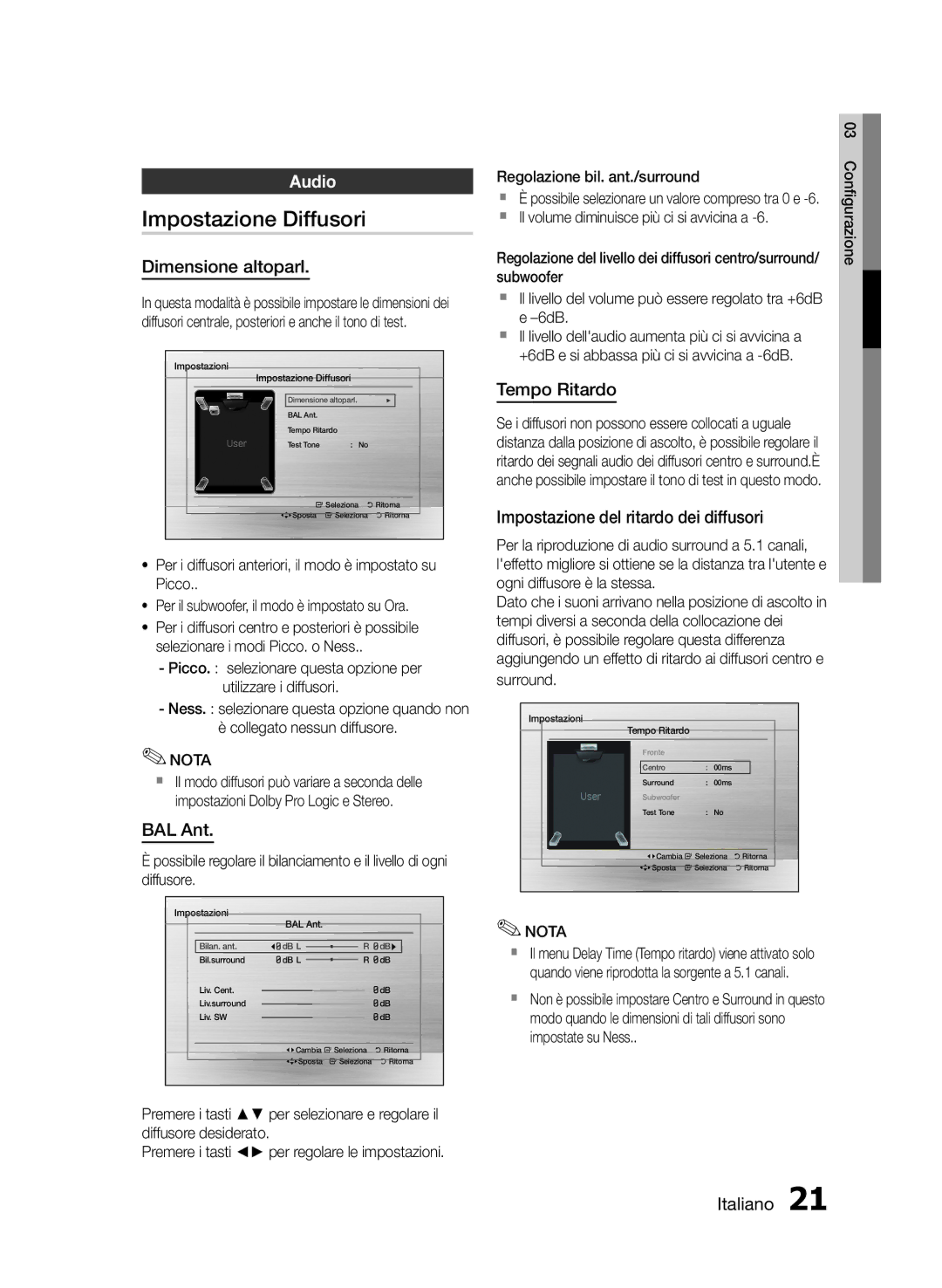 Samsung HT-E350/XN, HT-E355/EN, HT-E350/TK, HT-E355/TK Impostazione Diffusori, Dimensione altoparl, BAL Ant, Tempo Ritardo 