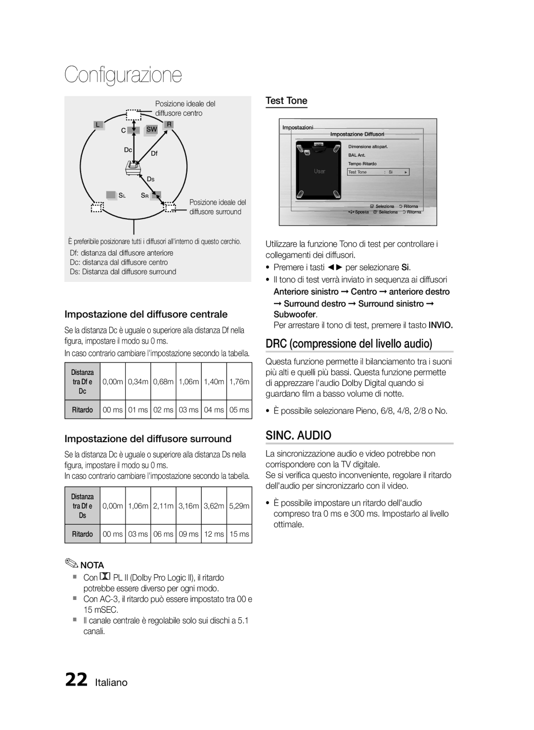 Samsung HT-E350/TK, HT-E355/EN manual DRC compressione del livello audio, SINC. Audio, Impostazione del diffusore centrale 