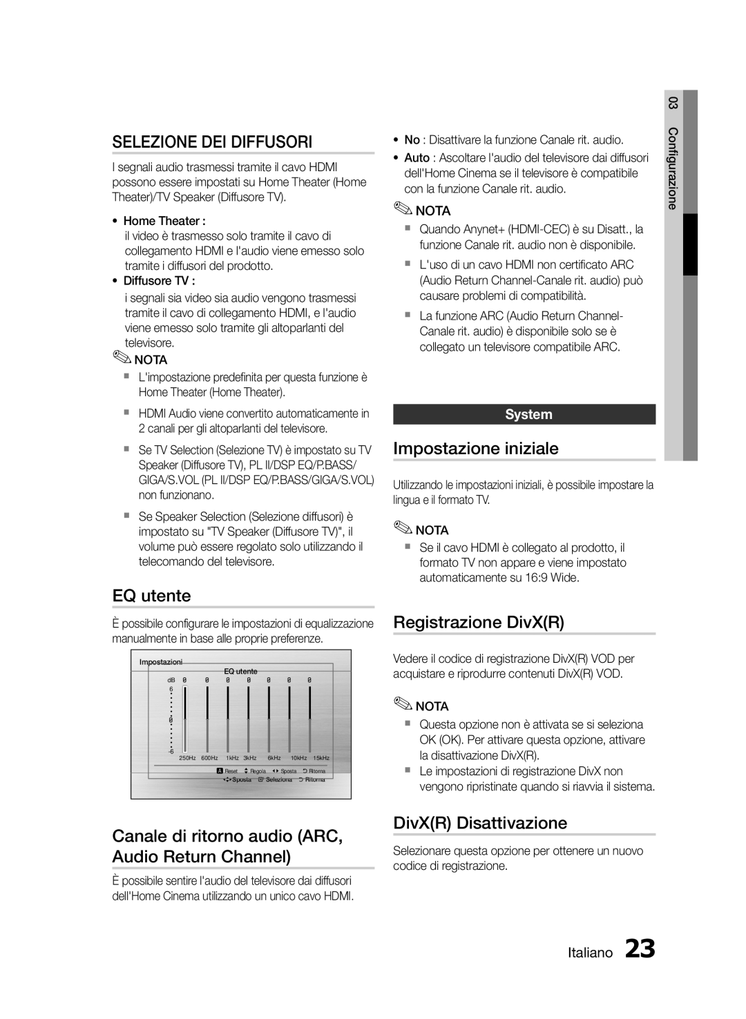 Samsung HT-E355/TK, HT-E355/EN, HT-E350/XN Selezione DEI Diffusori, EQ utente, Registrazione DivXR, DivXR Disattivazione 