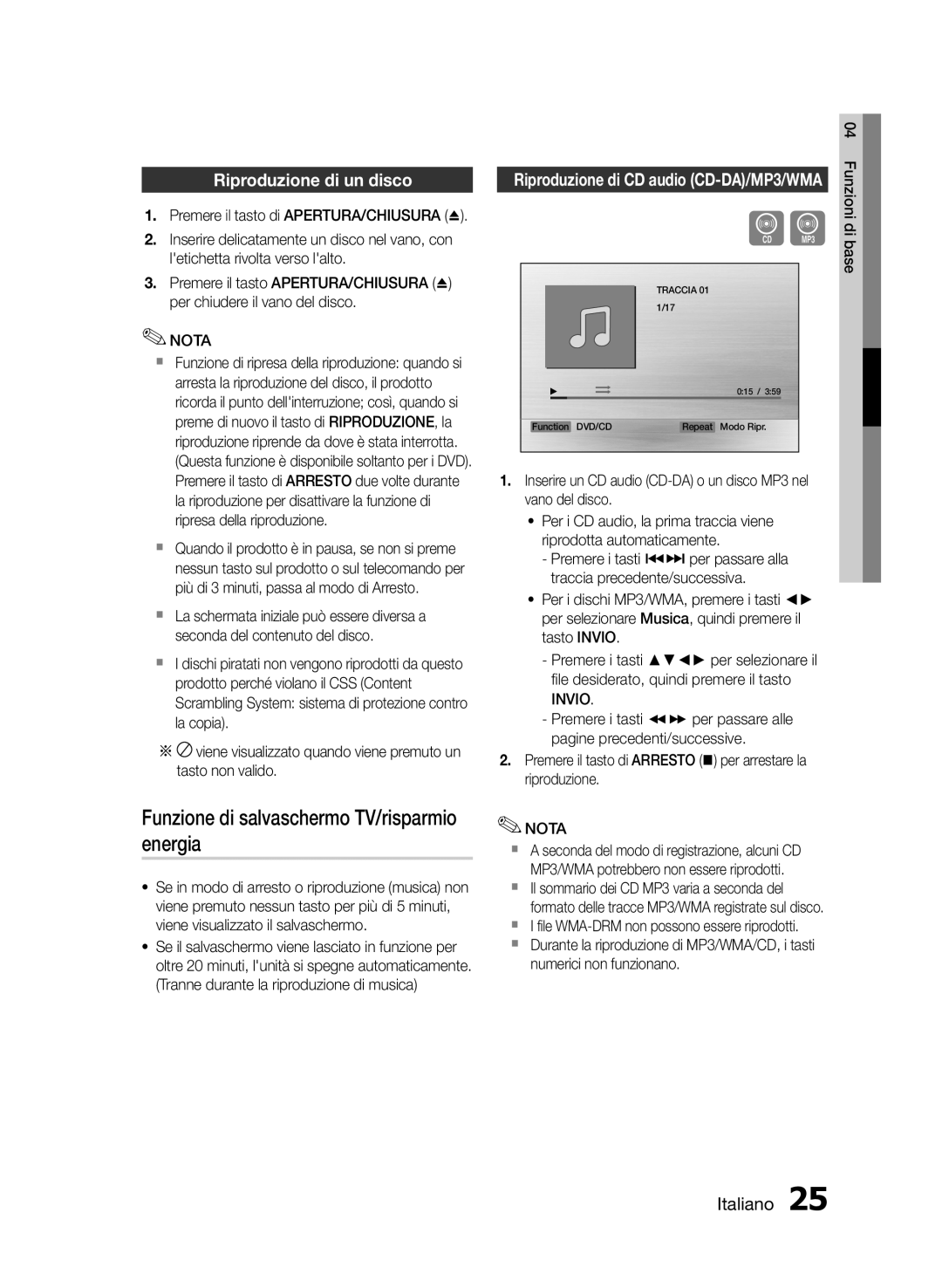 Samsung HT-E350/ZF manual Funzione di salvaschermo TV/risparmio energia, Riproduzione di un disco, Numerici non funzionano 