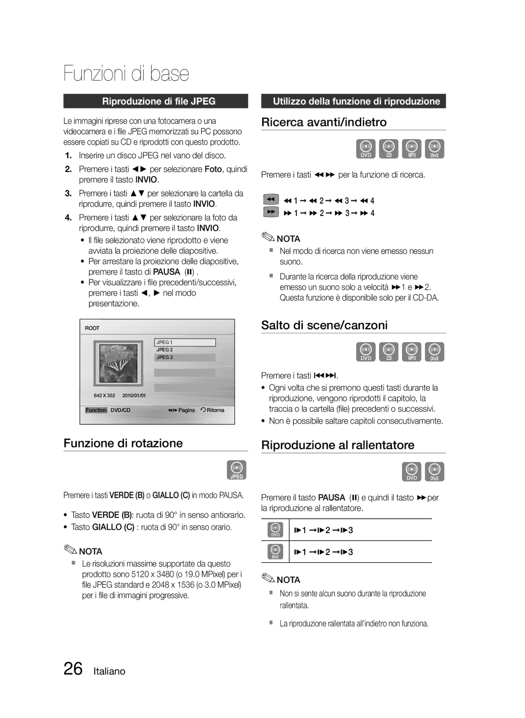 Samsung HT-E355/ZF, HT-E355/EN Funzioni di base, Ricerca avanti/indietro, Salto di scene/canzoni, Funzione di rotazione 