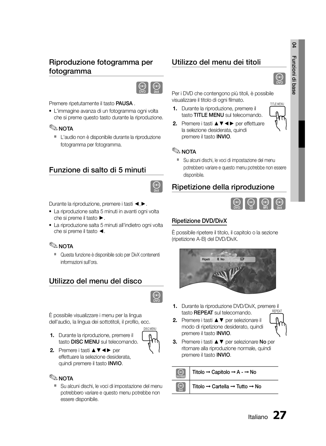 Samsung HT-E350K/ZN Riproduzione fotogramma per fotogramma, Funzione di salto di 5 minuti, Utilizzo del menu del disco 