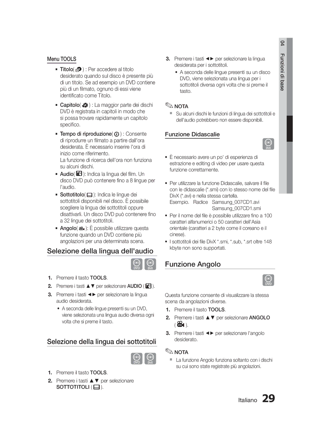 Samsung HT-E350K/SJ Selezione della lingua dellaudio, Selezione della lingua dei sottotitoli, Funzione Angolo, Menu Tools 