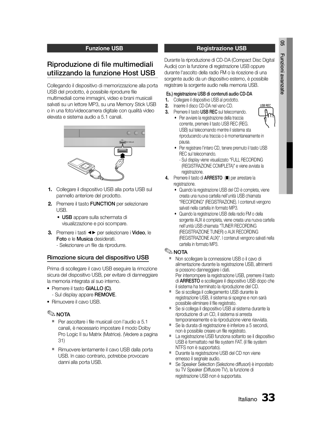 Samsung HT-E350/TK Riproduzione di file multimediali, Utilizzando la funzione Host USB, Funzione USB Registrazione USB 