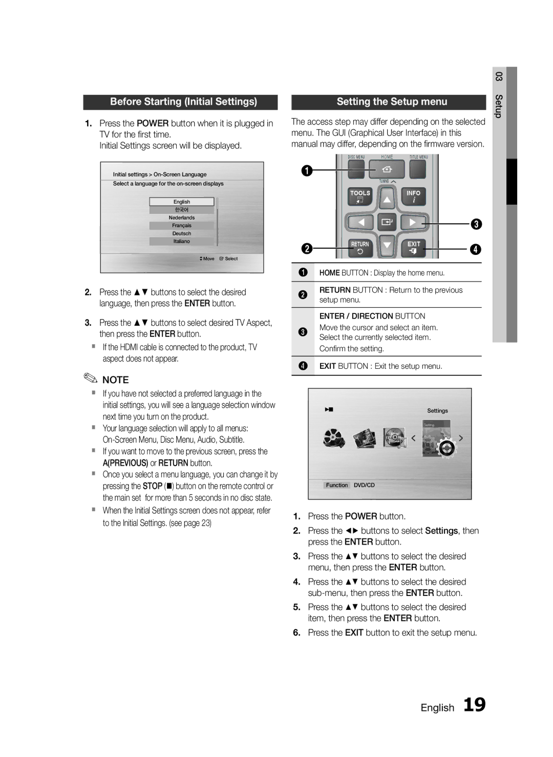 Samsung HT-E350K/UM Before Starting Initial Settings, Setting the Setup menu, Press the Exit button to exit the setup menu 