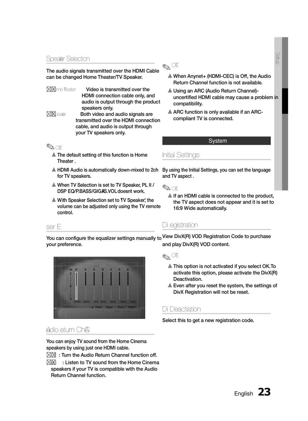 Samsung HT-E350/XN, HT-E355/EN manual Speaker Selection, Initial Settings, User EQ, Audio Return Ch.ARC, DivXR Registration 