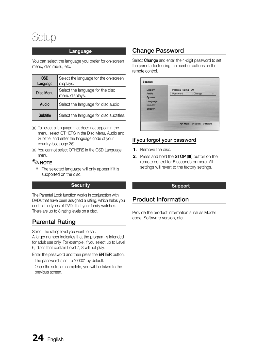 Samsung HT-E350/TK, HT-E355/EN, HT-E350/XN, HT-E355/TK, HT-E350/EN manual Change Password, Parental Rating, Product Information 