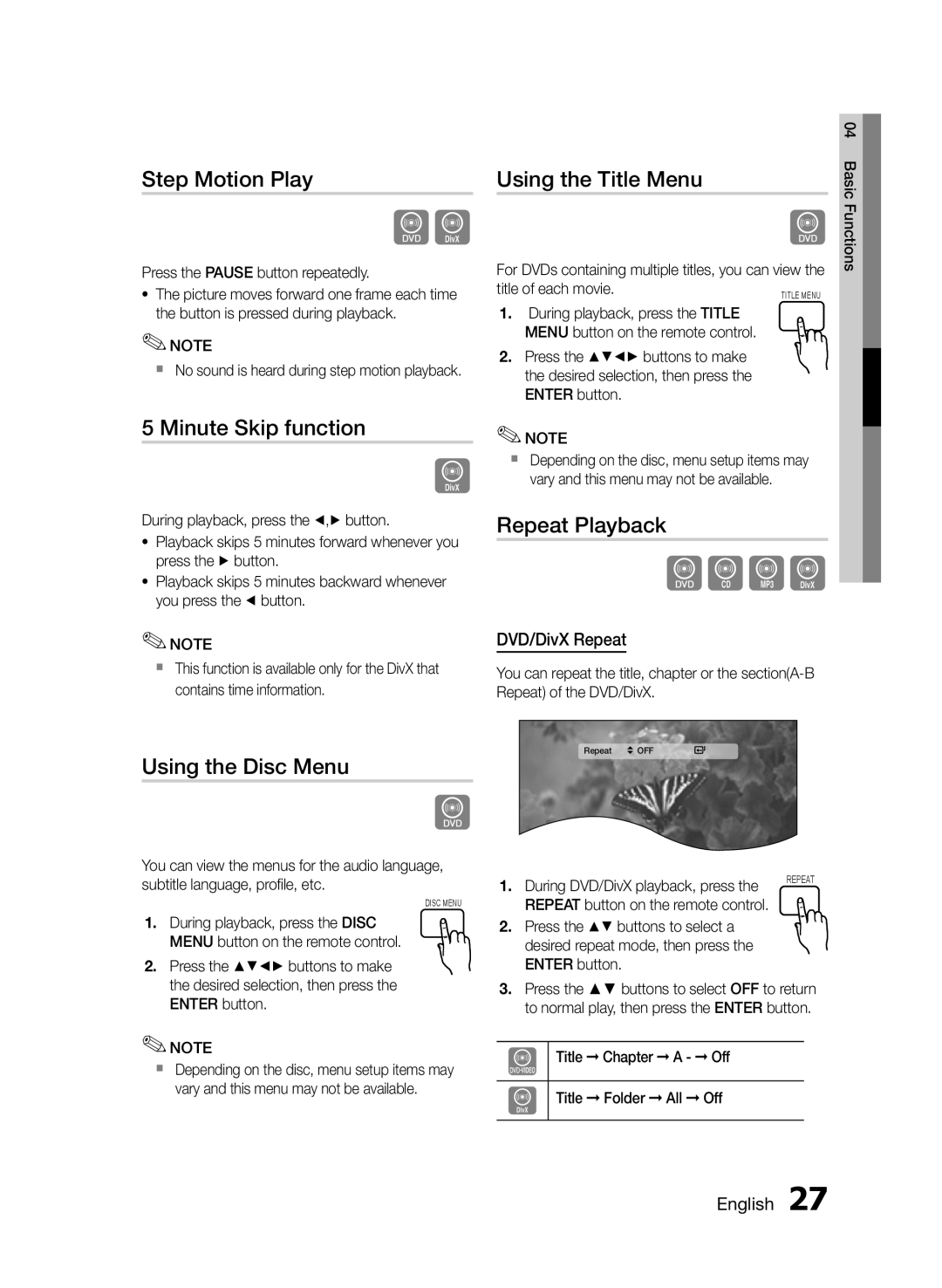 Samsung HT-E350/ZF manual Step Motion Play, Minute Skip function, Using the Disc Menu Using the Title Menu, Repeat Playback 