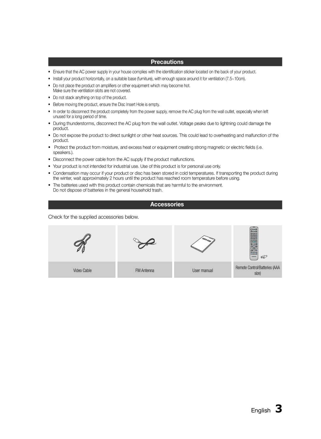 Samsung HT-E355/TK manual Precautions, Accessories, Check for the supplied accessories below, Video Cable FM Antenna, Size 