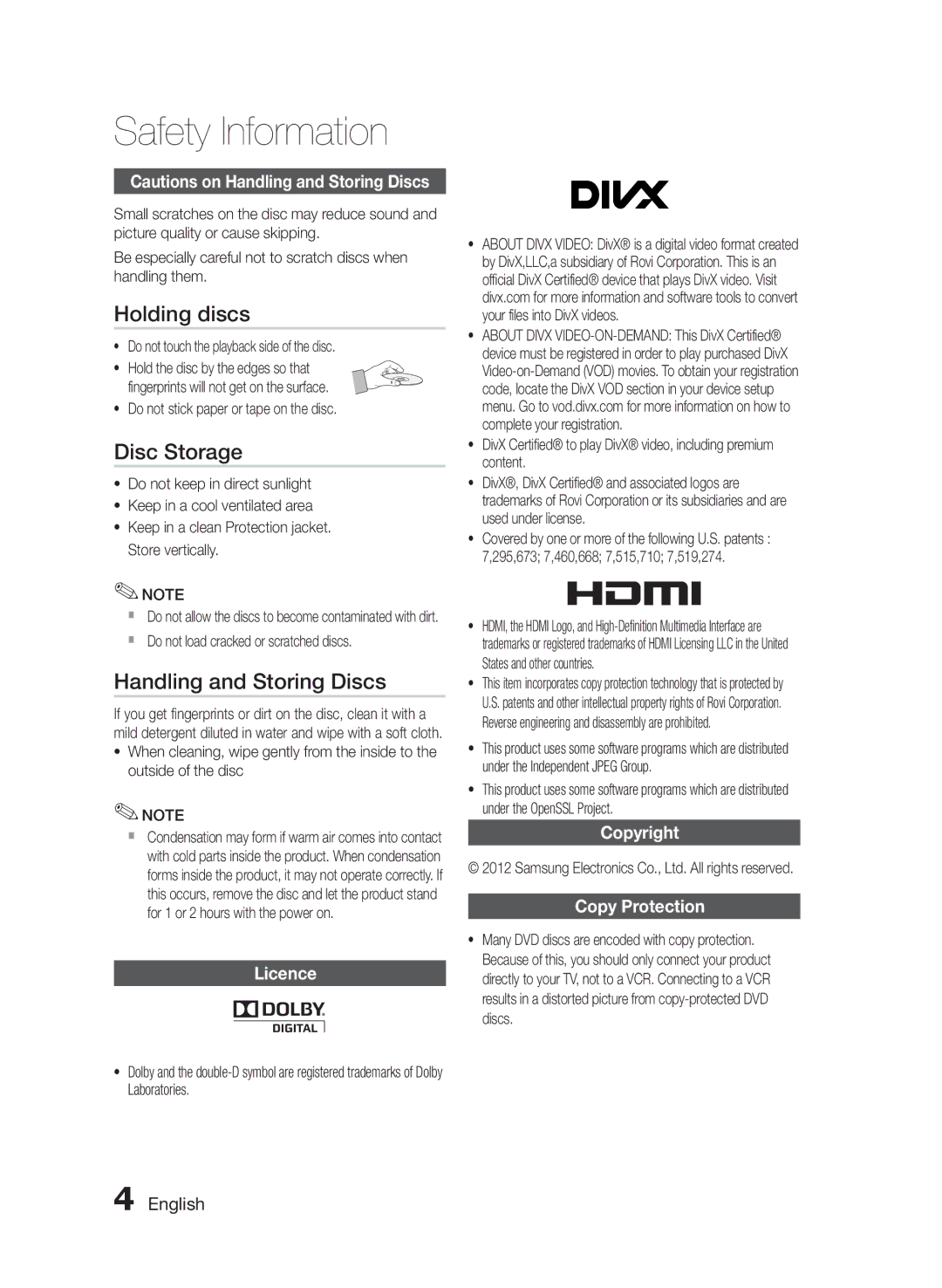 Samsung HT-E350/EN, HT-E355/EN Holding discs, Disc Storage, Handling and Storing Discs, Licence, Copyright Copy Protection 