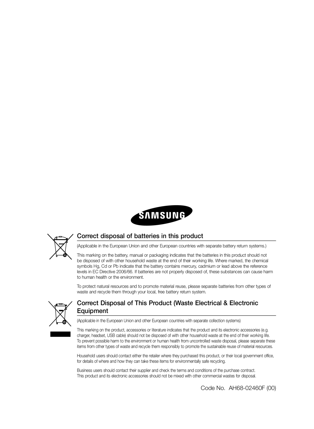 Samsung HT-E350K/UM, HT-E355/EN, HT-E350/XN, HT-E350/TK Correct disposal of batteries in this product, Code No. AH68-02460F 