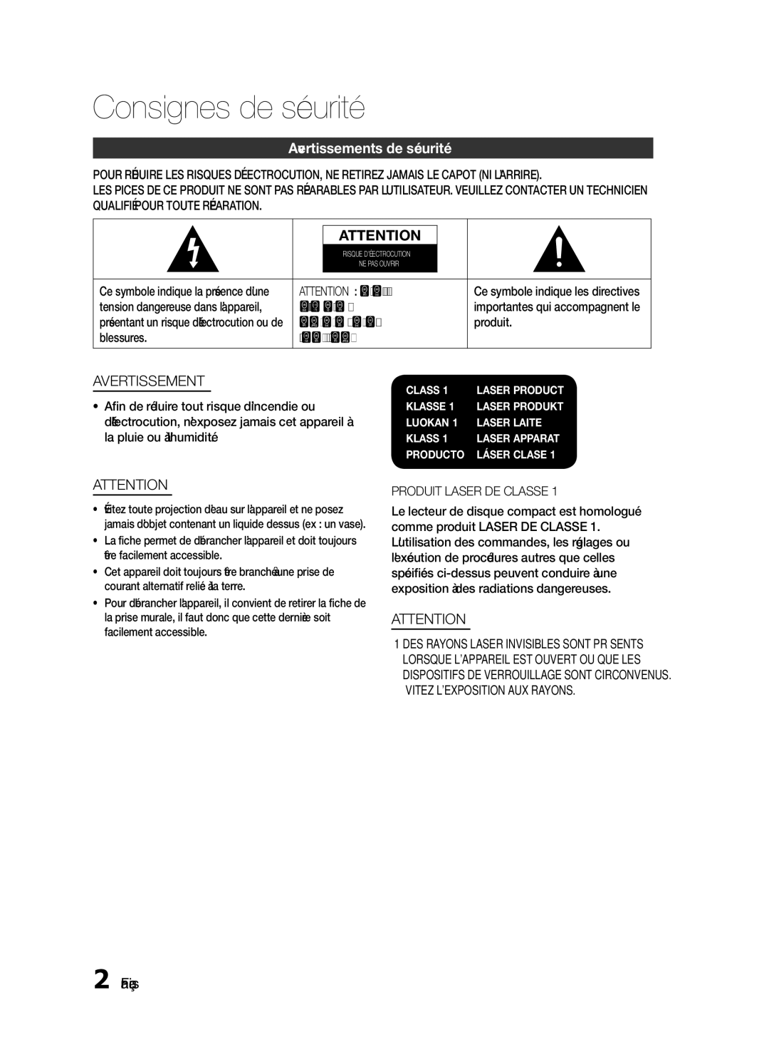 Samsung HT-E350K/SQ, HT-E355/EN manual Consignes de sécurité, Avertissements de sécurité, Français, Produit Laser DE Classe 