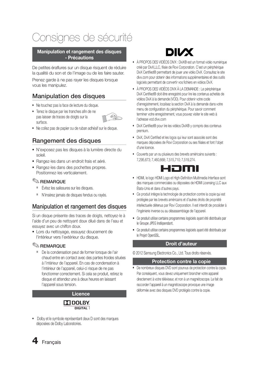 Samsung HT-E350/XN, HT-E355/EN manual Manipulation des disques, Rangement des disques, Manipulation et rangement des disques 