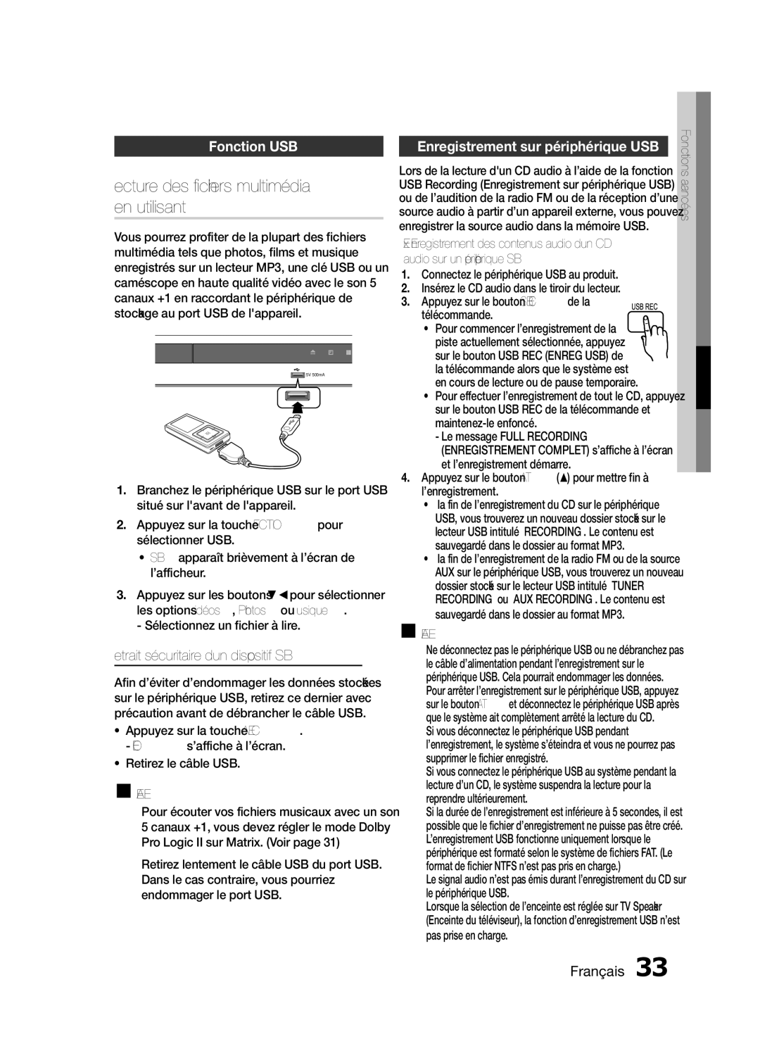 Samsung HT-E350K/UM Lecture des fichiers multimédia, En utilisant, Fonction USB, Retrait sécuritaire d’un dispositif USB 