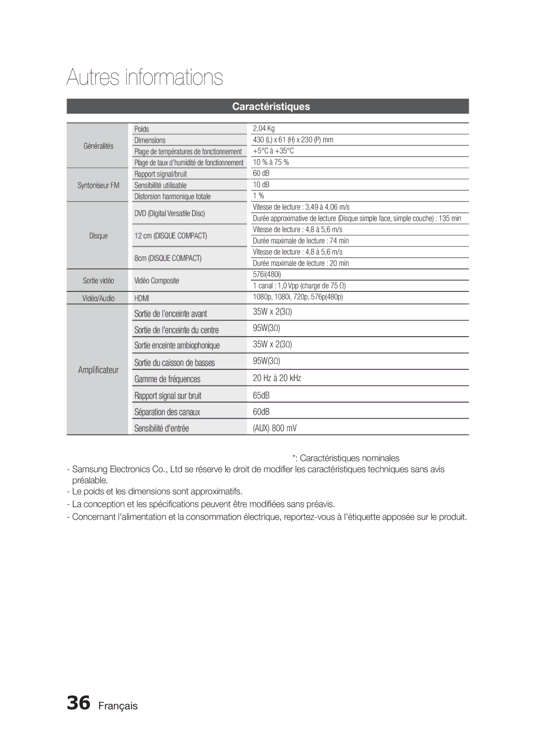 Samsung HT-E355/EN, HT-E350/XN manual Caractéristiques, Sortie de l’enceinte avant 35W x 23Ω, Sortie du caisson de basses 