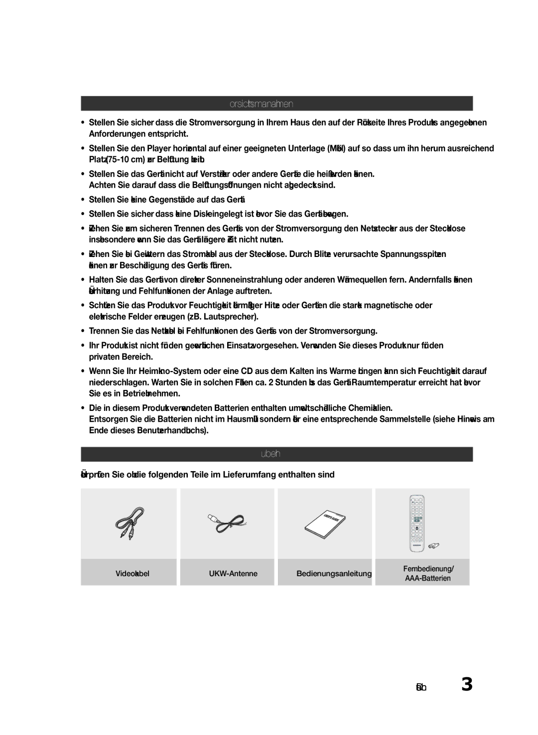 Samsung HT-E350K/UM, HT-E355/EN, HT-E350/XN manual Vorsichtsmaßnahmen, Zubehör, Videokabel UKW-Antenne Bedienungsanleitung 