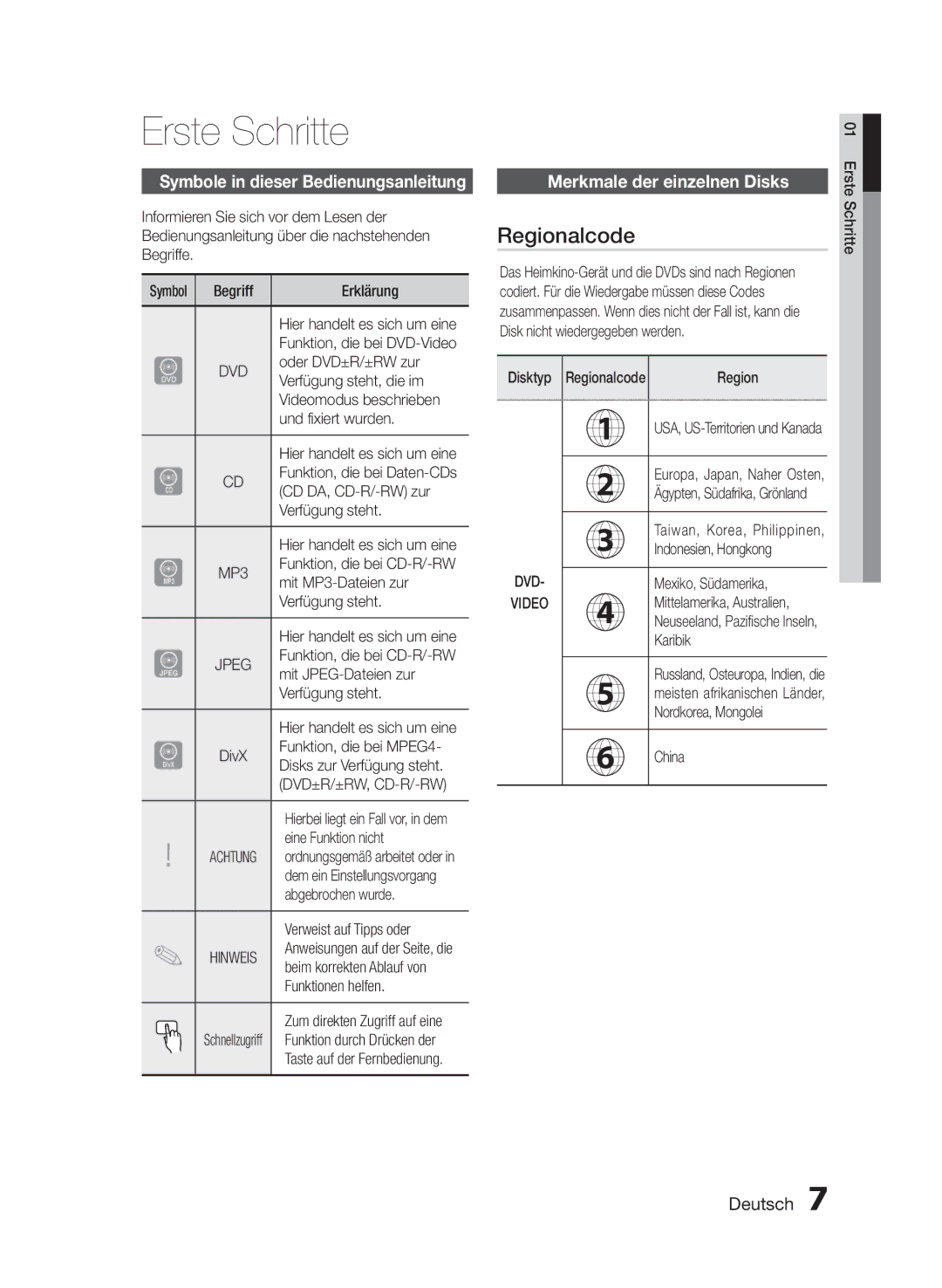 Samsung HT-E350/XN manual Erste Schritte, Regionalcode, Symbole in dieser Bedienungsanleitung, Merkmale der einzelnen Disks 