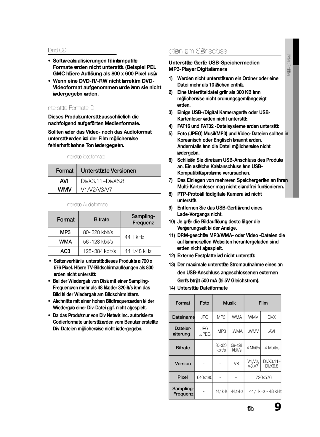 Samsung HT-E355/TK, HT-E355/EN, HT-E350/XN manual Notizen zum USB-Anschluss, DVD±R/±RW und CD-R/RW, Unterstützte Formate DivX 