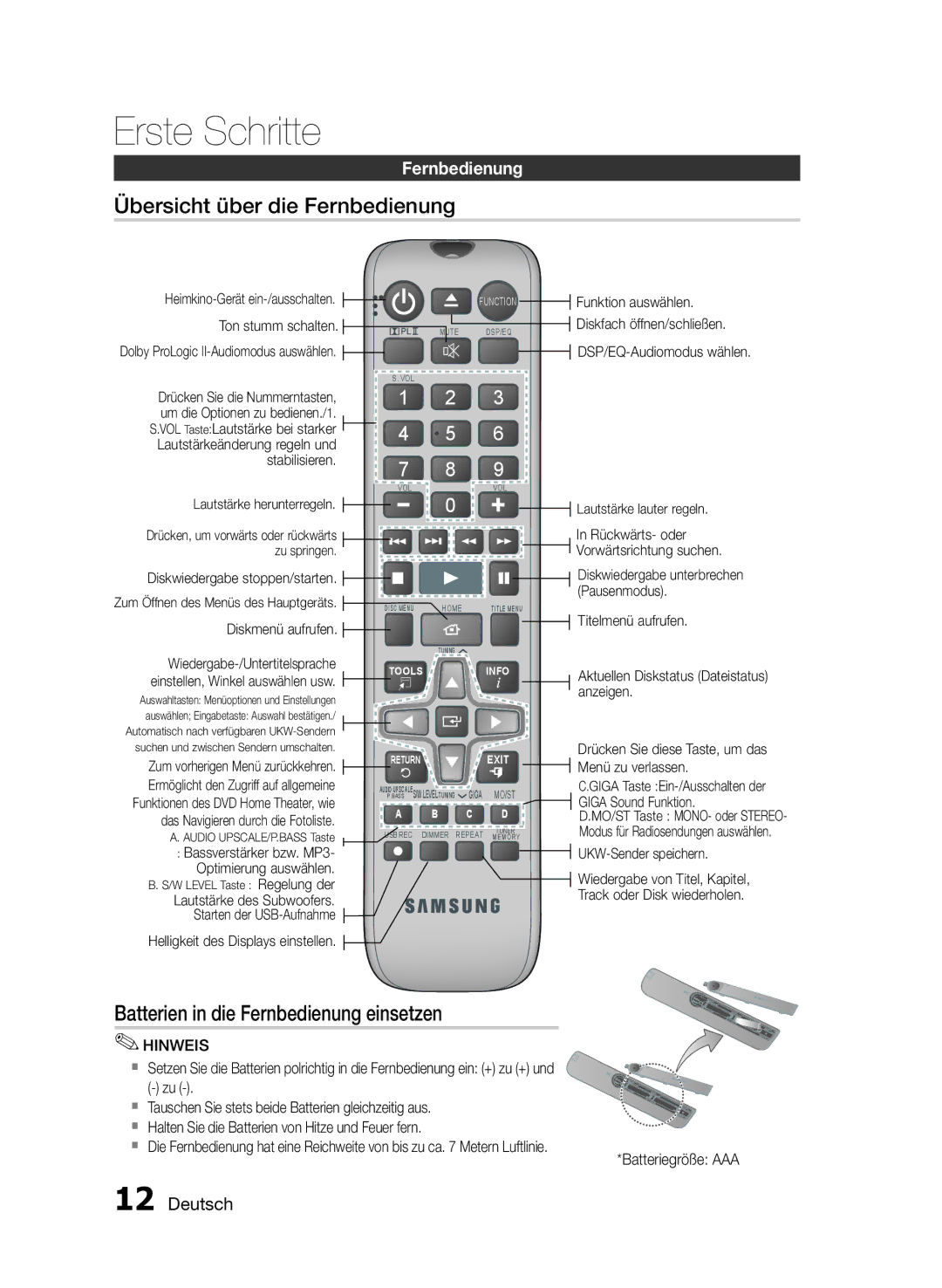 Samsung HT-E355/ZF, HT-E355/EN, HT-E350/XN manual Übersicht über die Fernbedienung, Batterien in die Fernbedienung einsetzen 