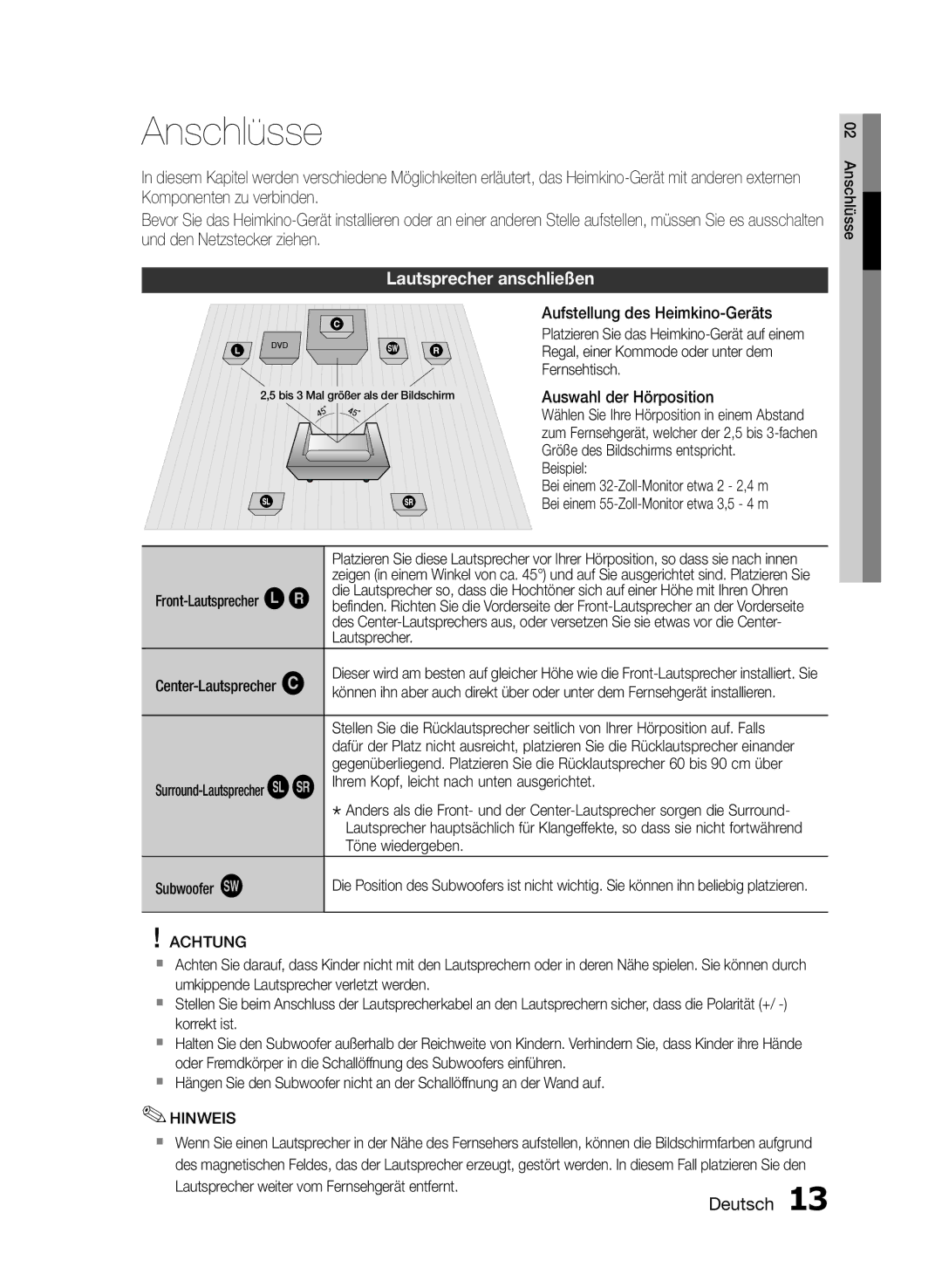 Samsung HT-E350K/ZN, HT-E355/EN, HT-E350/XN, HT-E350/TK, HT-E355/TK, HT-E350/EN Anschlüsse, Lautsprecher anschließen, Achtung 